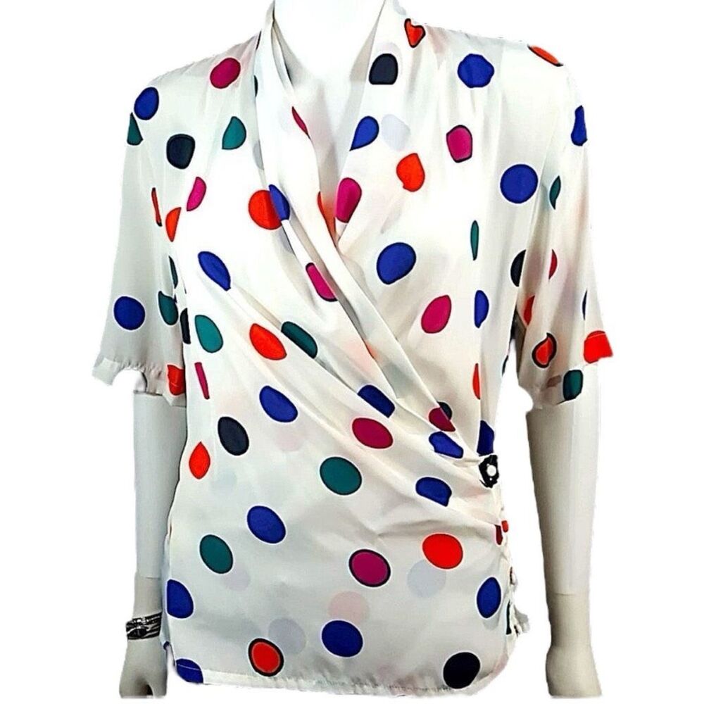 Vintage Blouse 80s Satin Top Silky Polka Dot Wrap Shirt Size 8